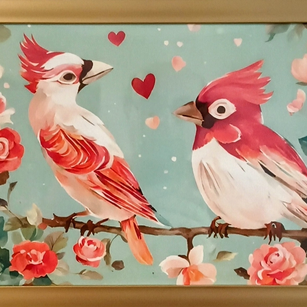 Framed Bird Art with Pink and Red Accents